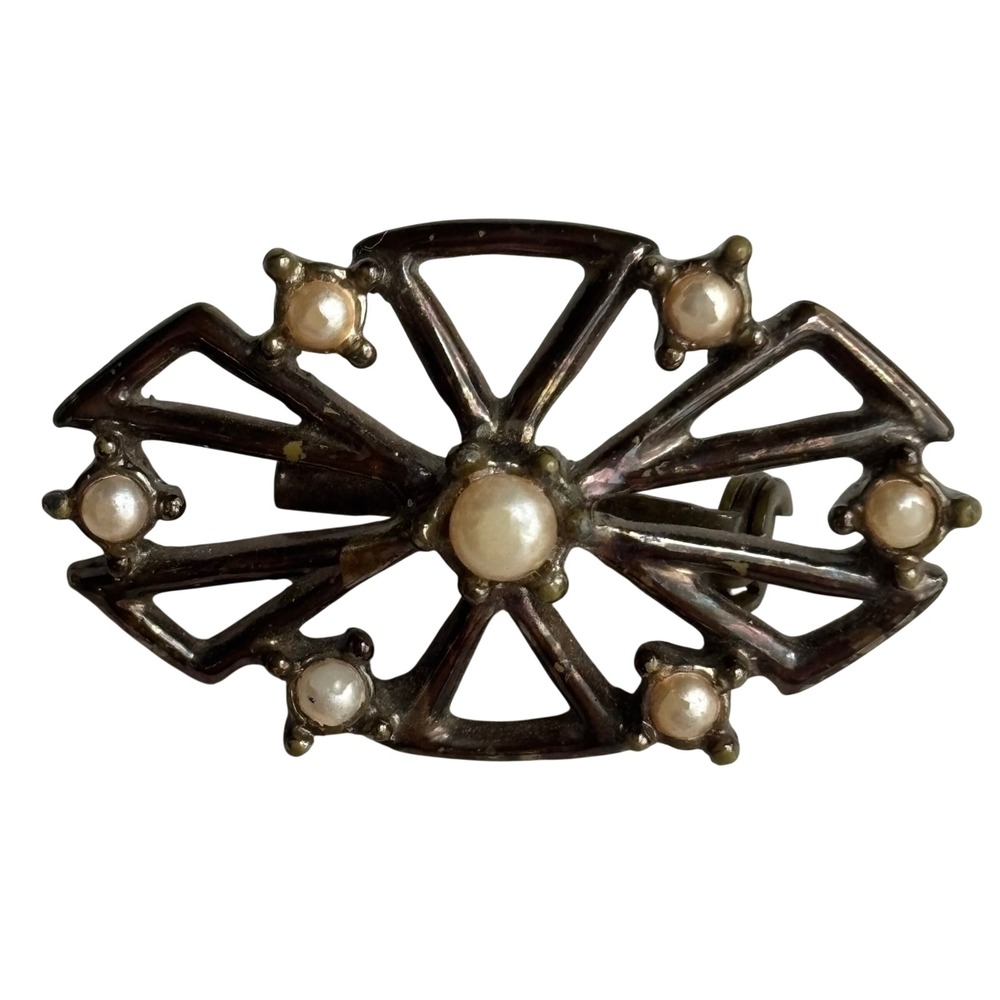 Antique Bronze Tone Faux Pearl Geometric Openwork Sunburst Brooch Pin
